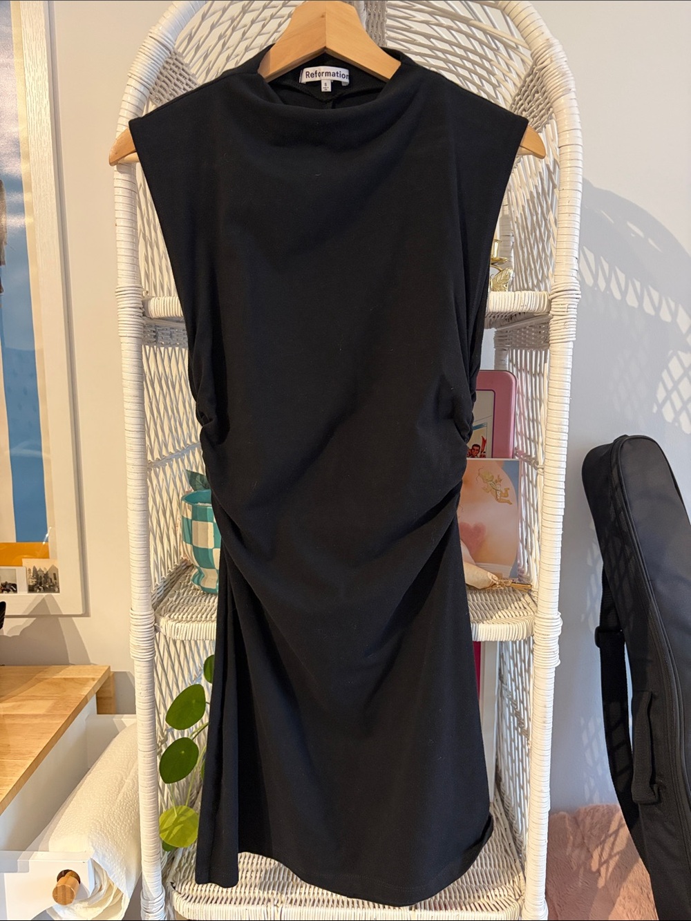 Reformation Black Mock-Neck Ruched Mini Dress